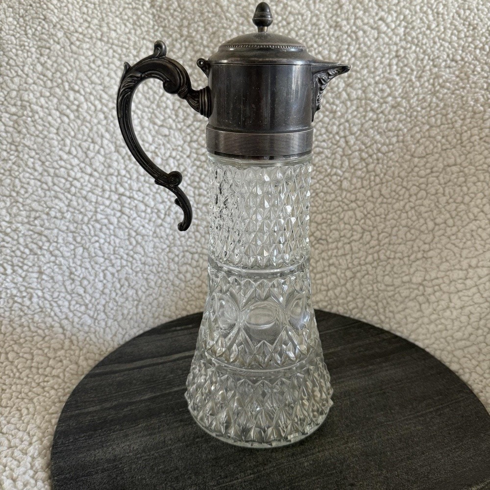Vintage Crystal Glass Pitcher Silver Plate Carafe With Ornate Handle Chiller 14" - Picture 4 of 5